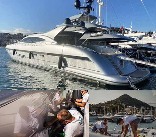34m Overmarine Mangusta superyacht wrapped in metallic silver vinyl by LuxWrap — full colour change in-water installation