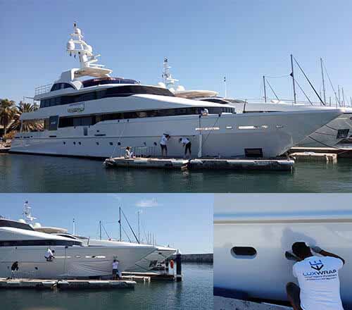 43m Heesen superyacht wrapped in metallic white vinyl by LuxWrap — at the time the largest in-water hull wrap ever completed