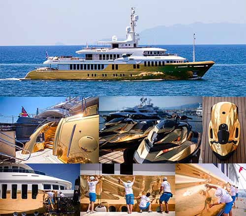 53m Turquoise superyacht wrapped in gold chrome vinyl by LuxWrap — world-first full-hull chrome installation for Bellami Hair
