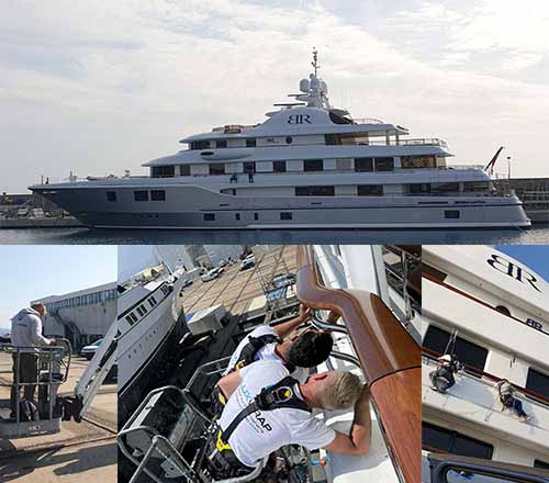 62m ICON superyacht capping rails refinished with wood grain architectural vinyl and high-gloss PPF by LuxWrap