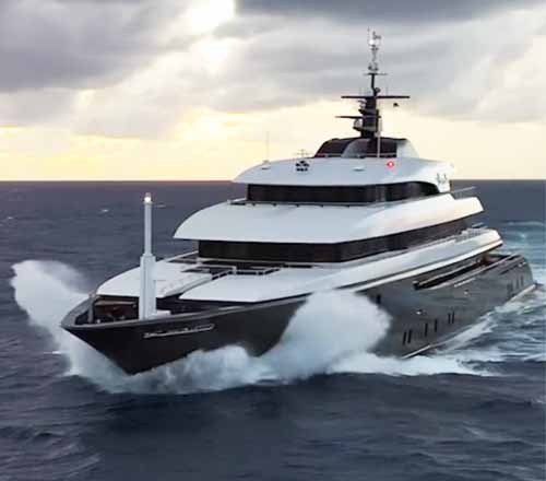 68m ICON superyacht hull wrapped in custom colour-matched vinyl by LuxWrap — in-water installation