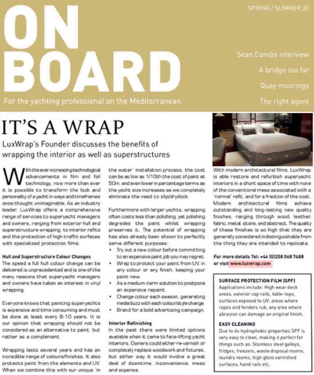 LuxWrap featured in ONBOARD Magazine