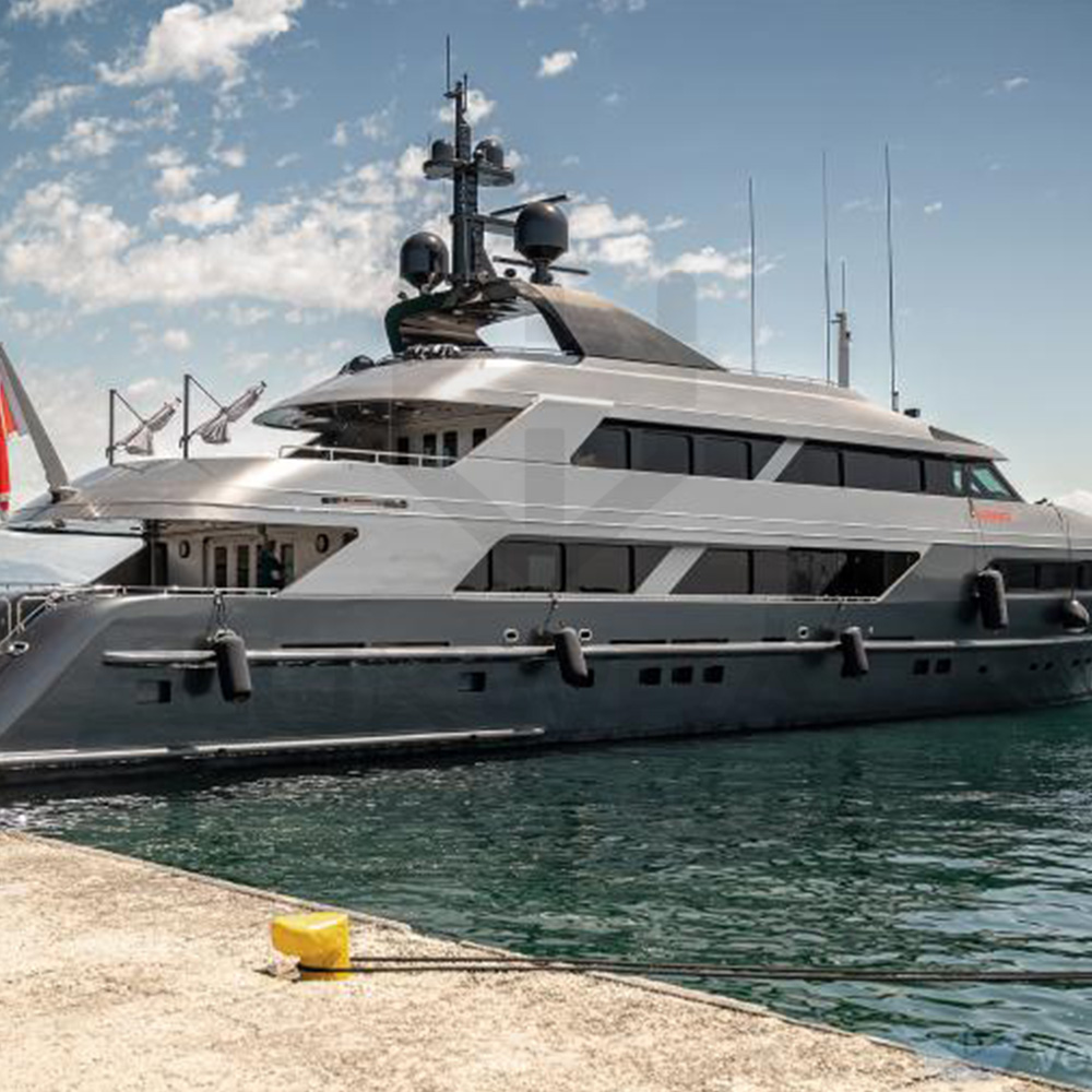 47m Swiftships superyacht with completed anthracite hull wrap and silver superstructure by LuxWrap